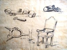Tronco de escravos, grilhão e cadeira do século XVII