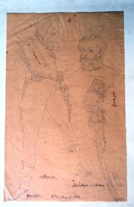 Decalque de uma gravura de Gianni, com as figuras de D. Pedro I e detalhe da sua espada e punho