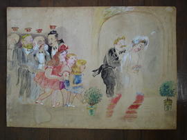 Caricatura de casamento de Rivadávia Corrêa, assistido, da esquerda para direita, pelos condes Mo...